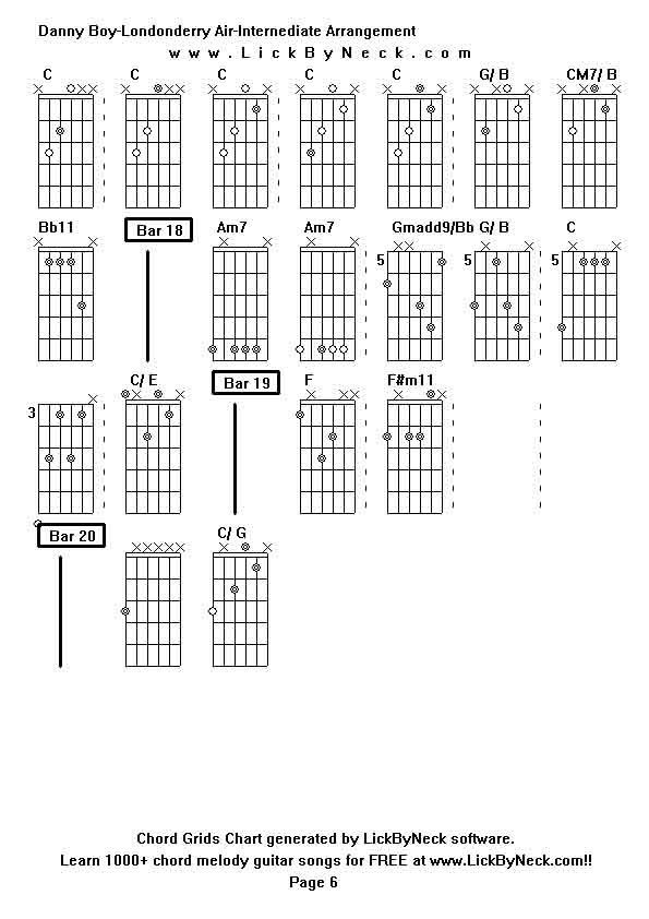 Chord Grids Chart of chord melody fingerstyle guitar song-Danny Boy-Londonderry Air-Internediate Arrangement,generated by LickByNeck software.